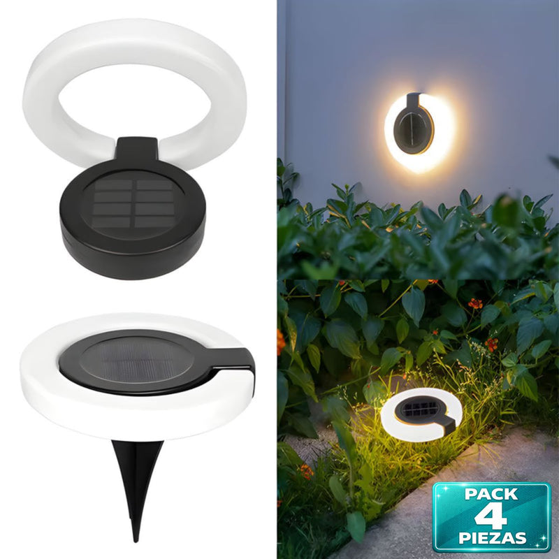 Lampara Solar LED Circular para jardín o exteriores. Luz cálida. Foco con panel solar para piso o caminos. (Pack de 4).