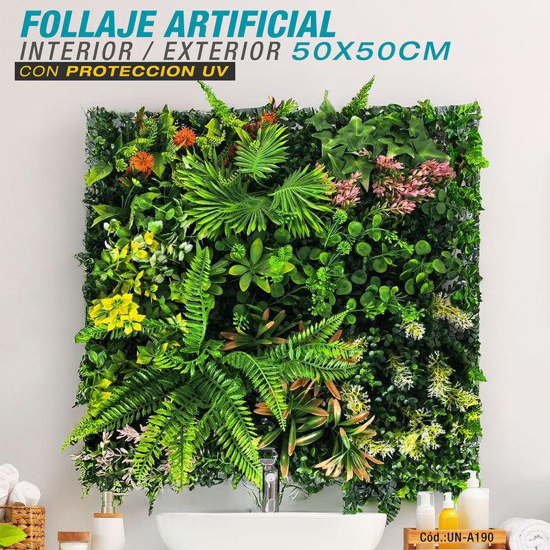 Follaje Artificial Verde 50x50cm con Flores Blancas para Decoración de Pared Interior o Exterior (CON PROTECCION UV)