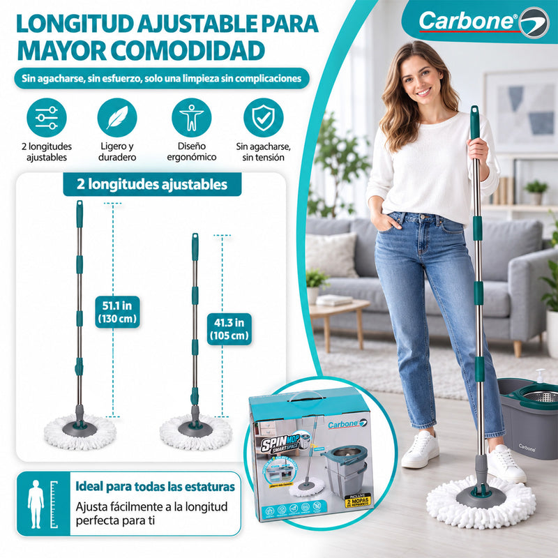 Trapeador Smart Space Spin Mop Giratorio 360° con Sistema de 2 Baldes Apilables para Agua Limpia y Sucia. Fregona con Mango Ajustable y 2 Mopas.  Carbone Clean Freak