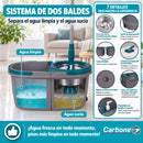 Trapeador Smart Space Spin Mop Giratorio 360° con Sistema de 2 Baldes Apilables para Agua Limpia y Sucia. Fregona con Mango Ajustable y 2 Mopas.  Carbone Clean Freak