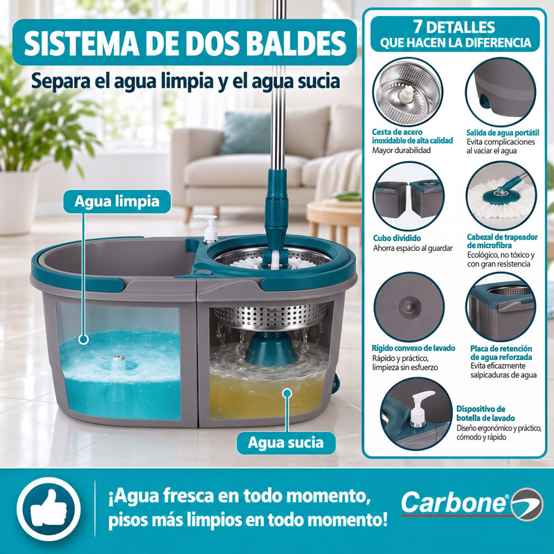 Trapeador Smart Space Spin Mop Giratorio 360° con Sistema de 2 Baldes Apilables para Agua Limpia y Sucia. Fregona con Mango Ajustable y 2 Mopas.  Carbone Clean Freak