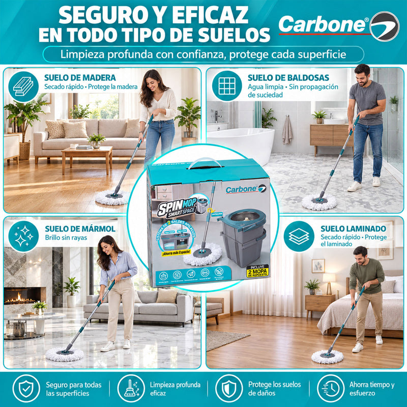 Trapeador Smart Space Spin Mop Giratorio 360° con Sistema de 2 Baldes Apilables para Agua Limpia y Sucia. Fregona con Mango Ajustable y 2 Mopas.  Carbone Clean Freak