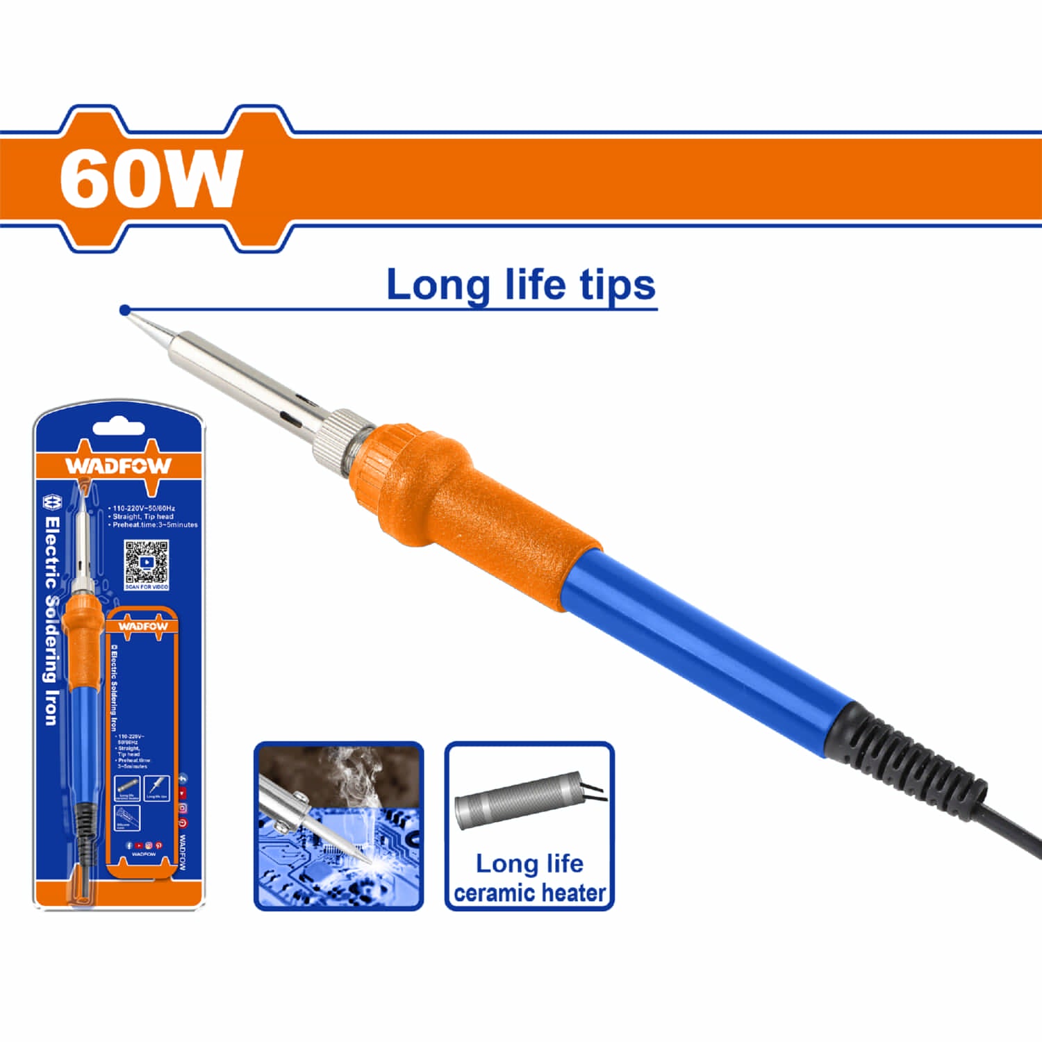 Soldador Cautín de Estaño Eléctrico. 60W. Voltaje 110-120V. Precalentamiento: 1-2minutos.