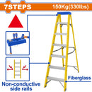 Escalera de fibra de vidrio 7 escalones. Altura de paso: 280mm. Carga máxima: 150Kg. De tijera