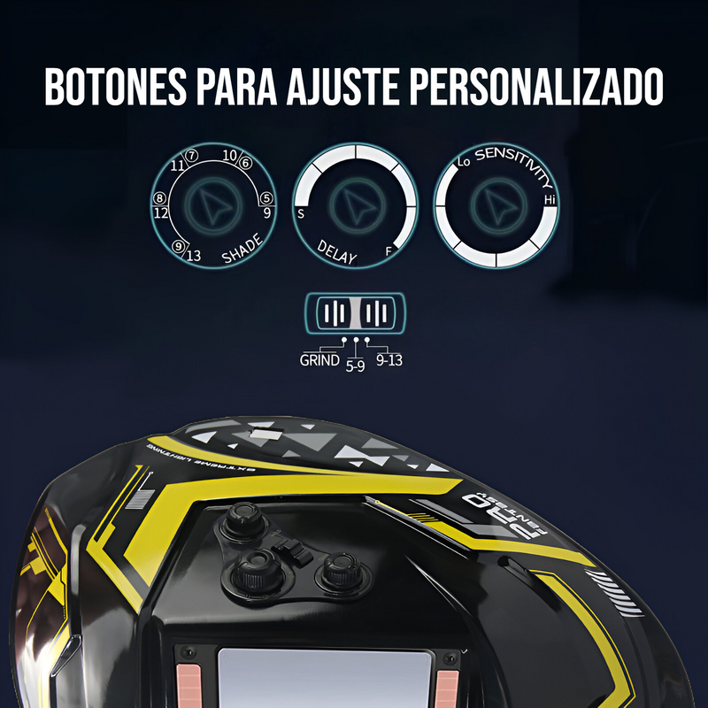 Máscara para soldar con oscurecimiento automático, carga con energía solar. Área de visión de 3.9" x 3.6".