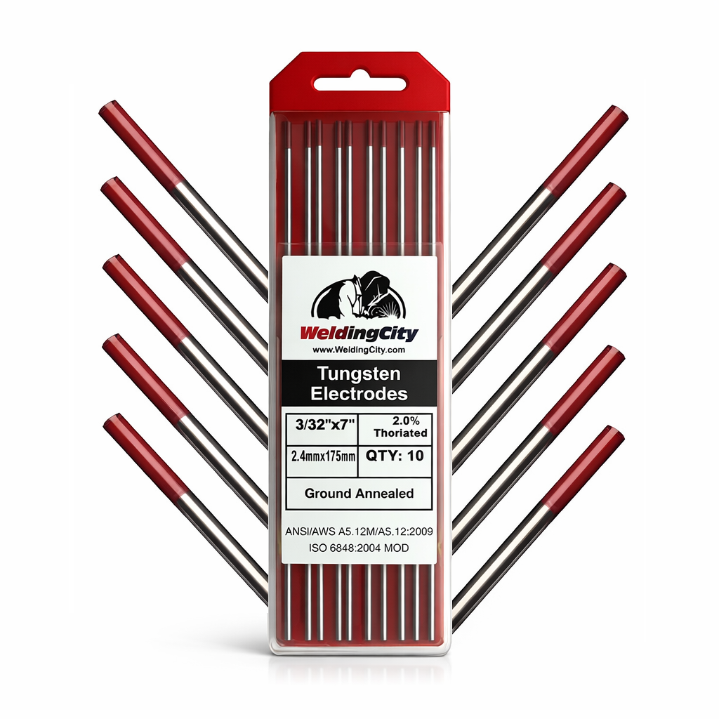 Tungstenos Rojos Thoriados 2.4 mm (3/32") para soldadura tig al 2.0 % WT20  175mm. (Paquete de 10 pcs)