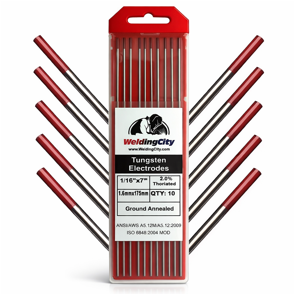 Tungstenos Rojos Thoriados 1.6 mm (1/16") para soldadura tig al 2.0 % WT20  175mm. (Paquete de 10 pcs)