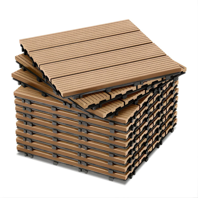 Baldosas Deck WPC 30x30 cm Pack 8 Piezas. Piso Exterior Madera Plástico PP Resistente al Agua y UV. Sistema Encaje Fácil. Uso Jardín Terraza Patio Color Natural