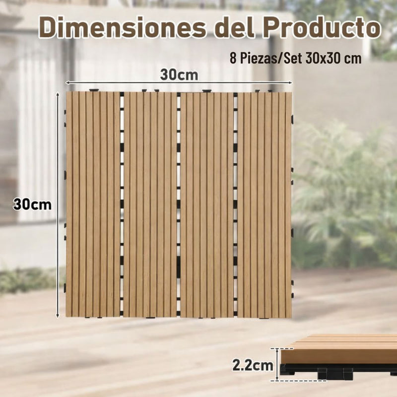 Baldosas Deck WPC 30x30 cm Pack 8 Piezas. Piso Exterior Madera Plástico PP Resistente al Agua y UV. Sistema Encaje Fácil. Uso Jardín Terraza Patio Color Natural