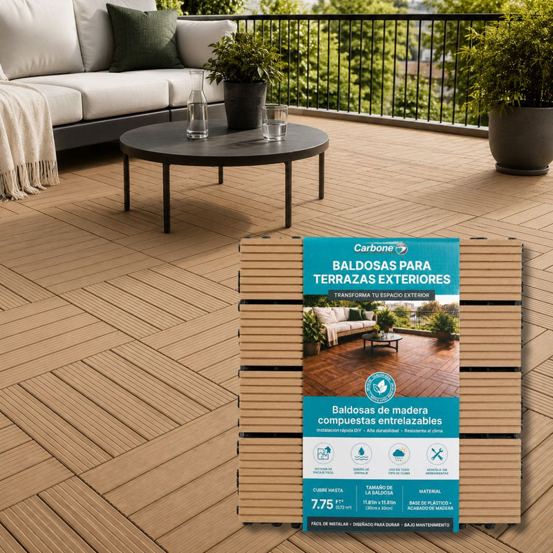 Baldosas Deck WPC 30x30 cm Pack 8 Piezas. Piso Exterior Madera Plástico PP Resistente al Agua y UV. Sistema Encaje Fácil. Uso Jardín Terraza Patio Color Natural