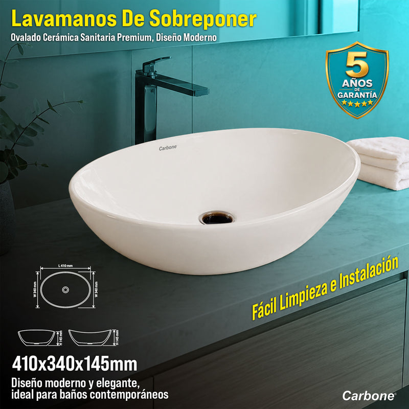 Lavamanos de Sobreponer Ovalado Cerámica Sanitaria Premium, Diseño Moderno 410X340X145mm