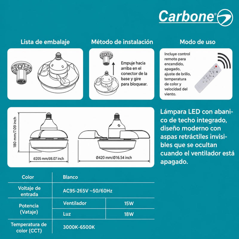 Abanico de Techo 16” socket E27 con Lámpara LED. Ventilador Invisible con Aspas Retráctiles. Luz Regulable con control remoto. Color negro. 33w