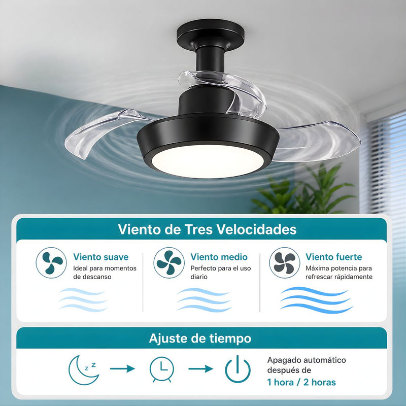 Abanico de Techo 16” socket E27 con Lámpara LED. Ventilador Invisible con Aspas Retráctiles. Luz Regulable con control remoto. Color negro. 33w