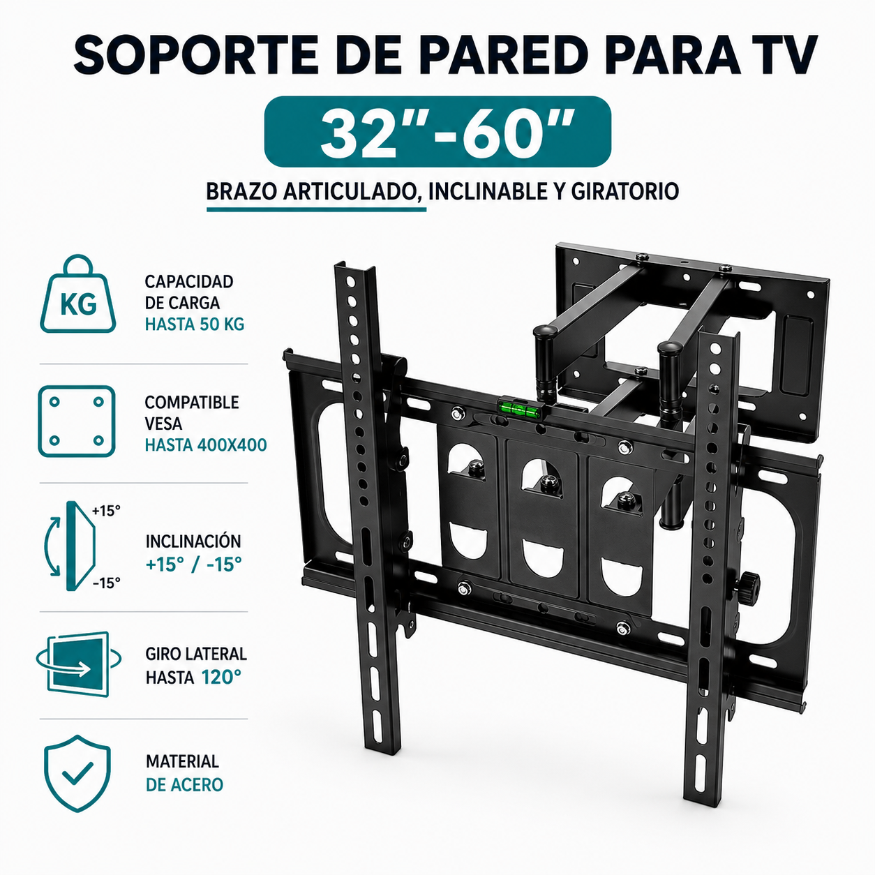 Soporte de Pared para TV 32-60” Con Brazo Articulado Inclinable y Giratorio ajuste vertical ±15° y giro lateral hasta 120°Compatible VESA hasta 400x400
