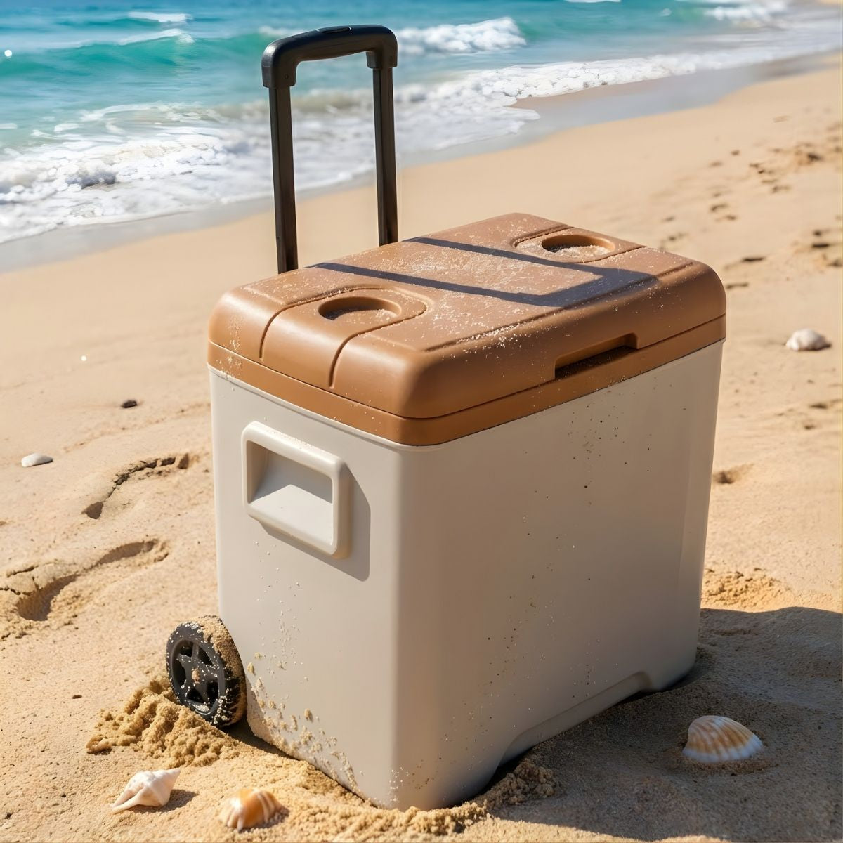 Cooler portátil 30L con ruedas y asa, marrón, aislamiento térmico 48h frío y 12h calor, camping y picnic. Hielera 46.0cm×35.6cm×44.0cm