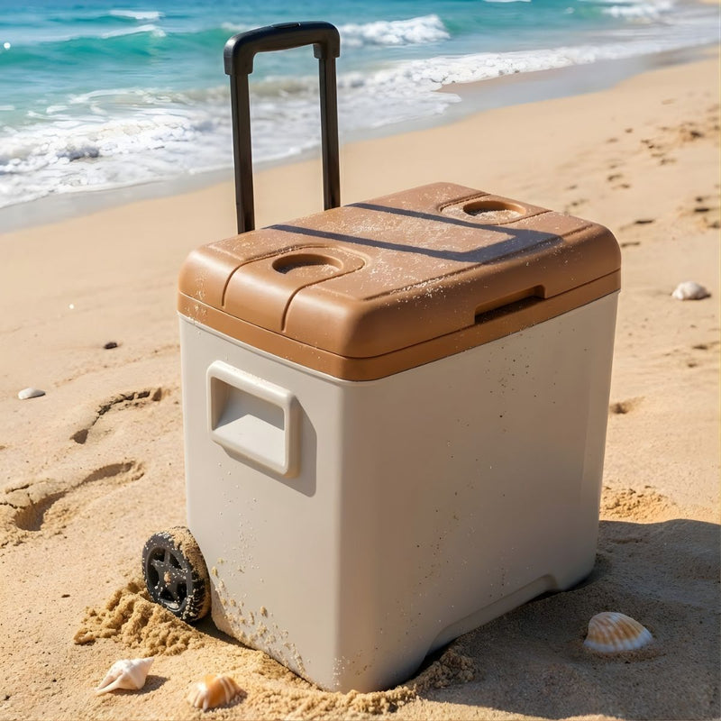 Cooler portátil 30L con ruedas y asa, marrón, aislamiento térmico 48h frío y 12h calor, camping y picnic. Hielera 46.0cm×35.6cm×44.0cm