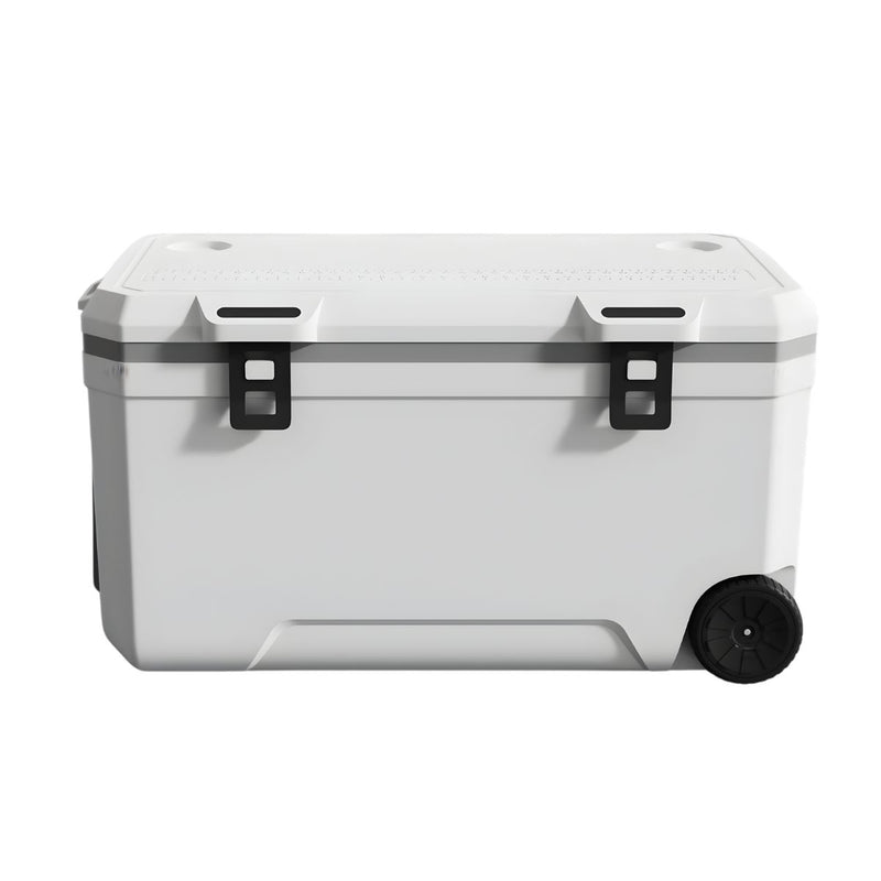 Hielera portátil rígida 120L con ruedas (Color Blanco). Cooler grande 94x55x50cm para camping, pesca y playa.