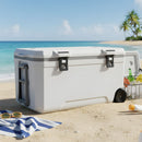 Hielera portátil rígida 120L con ruedas (Color Blanco). Cooler grande 94x55x50cm para camping, pesca y playa.