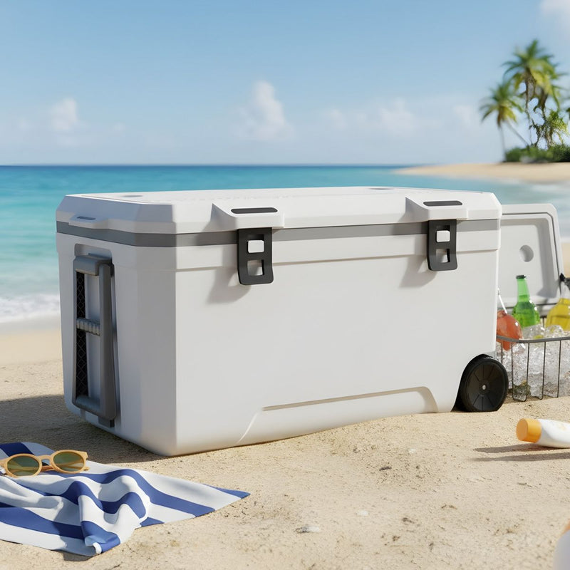 Hielera portátil rígida 120L con ruedas (Color Blanco). Cooler grande 94x55x50cm para camping, pesca y playa.