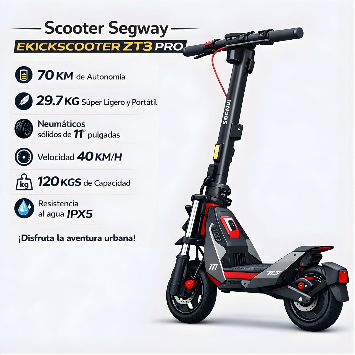 Scooter Segway eKickScooter ZT3 Pro Monopatín. Autonomía 70 Km.