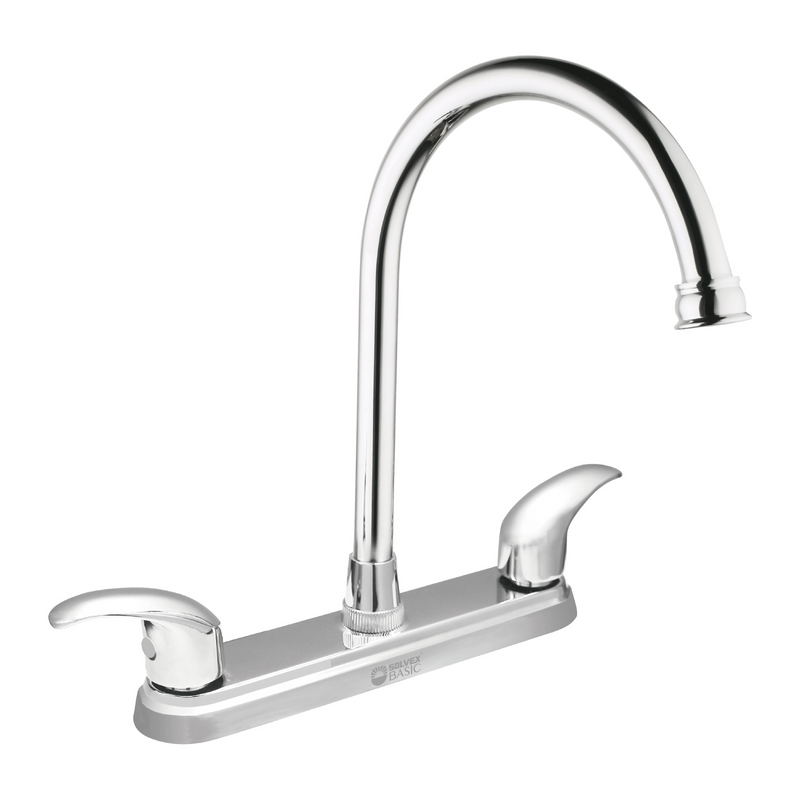 Grifo Mezclador 8" para fregador de Cocina. Pluma Llave Cromada con Cuerpo de Zinc y 1/4 de Vuelta.