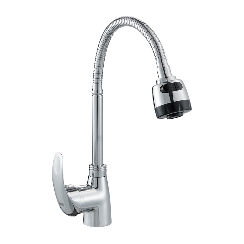 Grifo de cocina para fregador de zinc cromado. Pluma llave de cuello flexible y doble función riego o chorro.