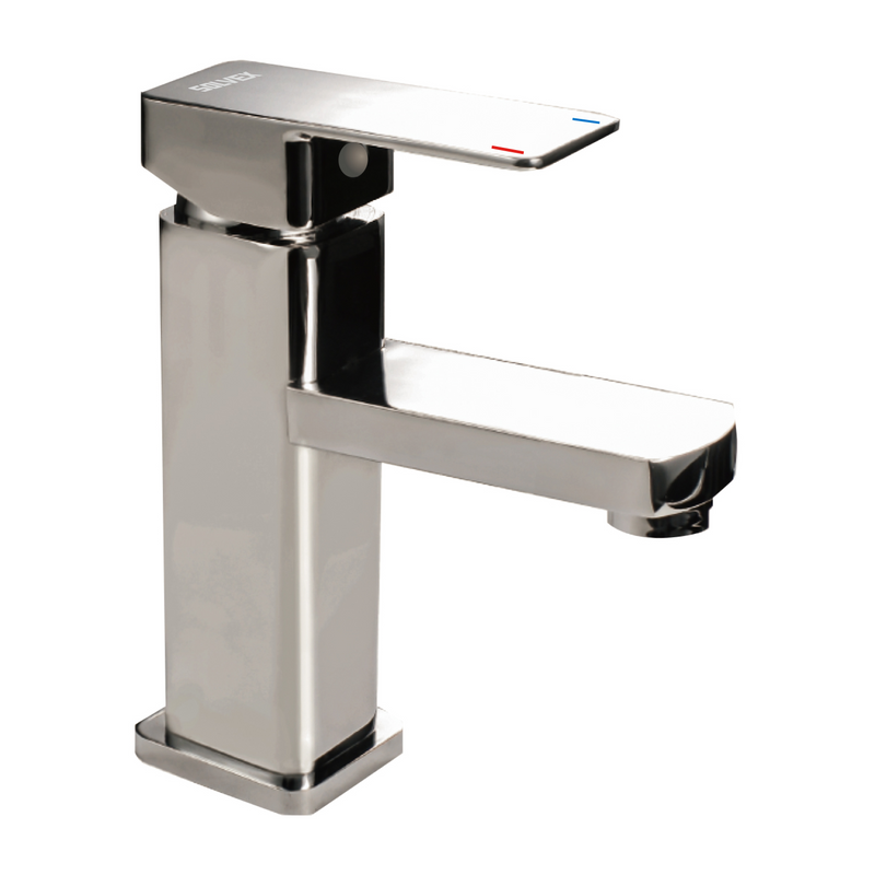 Llave de Lavamanos Individual satinado. Grifo para Lavabo de zinc. Pluma Agua Fría y Caliente. Diseño cuadrado moderno.