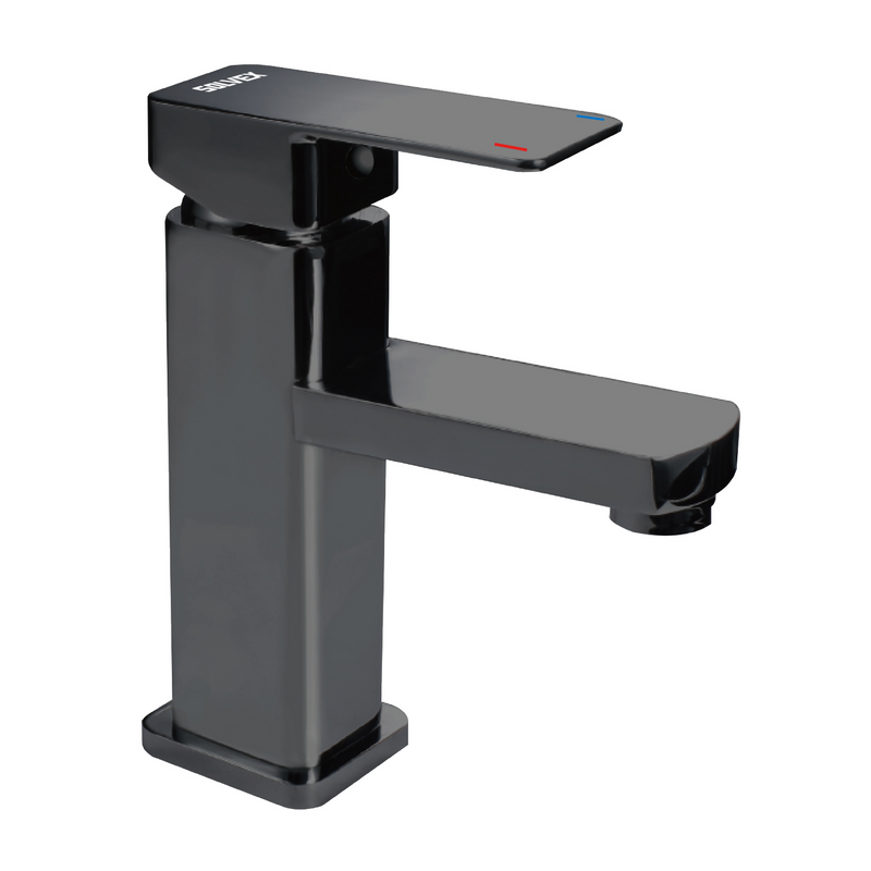 Llave de Lavamanos Individual. Grifo para Lavabo. Pluma Agua Fría y Caliente. Diseño cuadrado moderno en color negro.