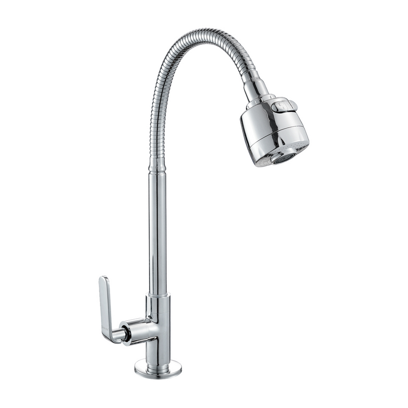 Llave individual para fregador de latón cromado. Pluma grifo de cocina alto con cuello flexible y doble función.