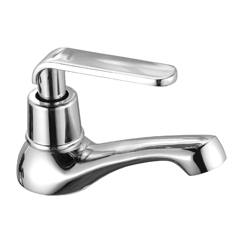 Llave individual para lavabo de latón cromado. Pluma Grifo de baño con mango de zinc y cartucho de latón para agua fría.