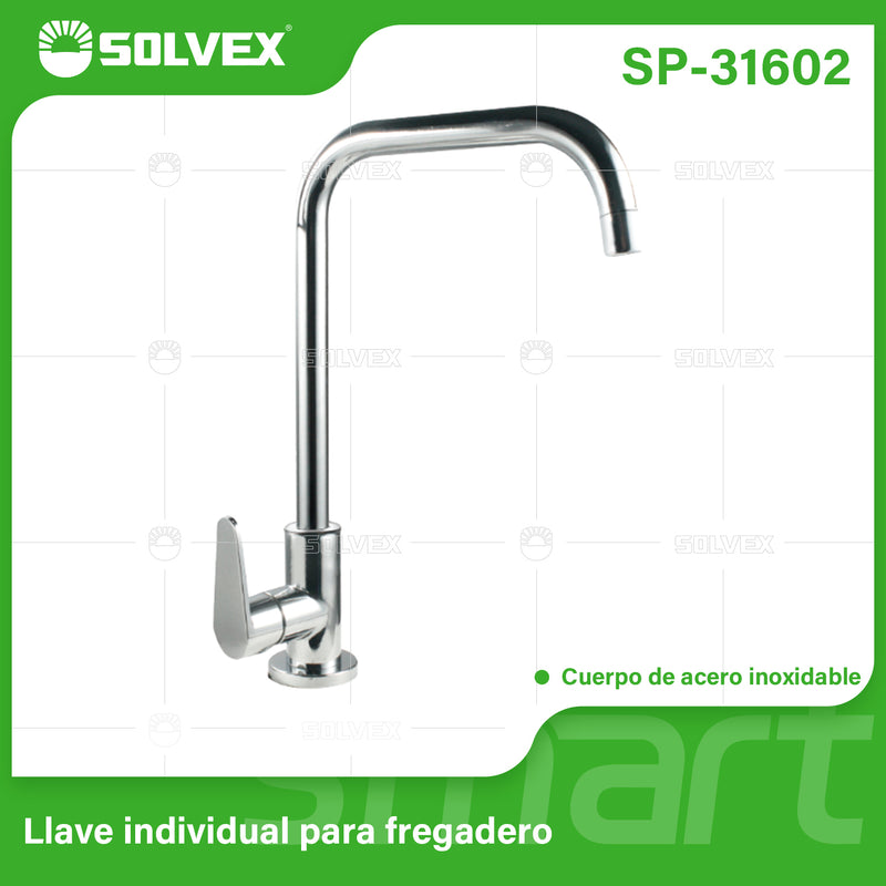 Llave de fregador Individual. Color Cromado Brillante. Grifo para Cocina. Pluma de Acero Inoxidable.