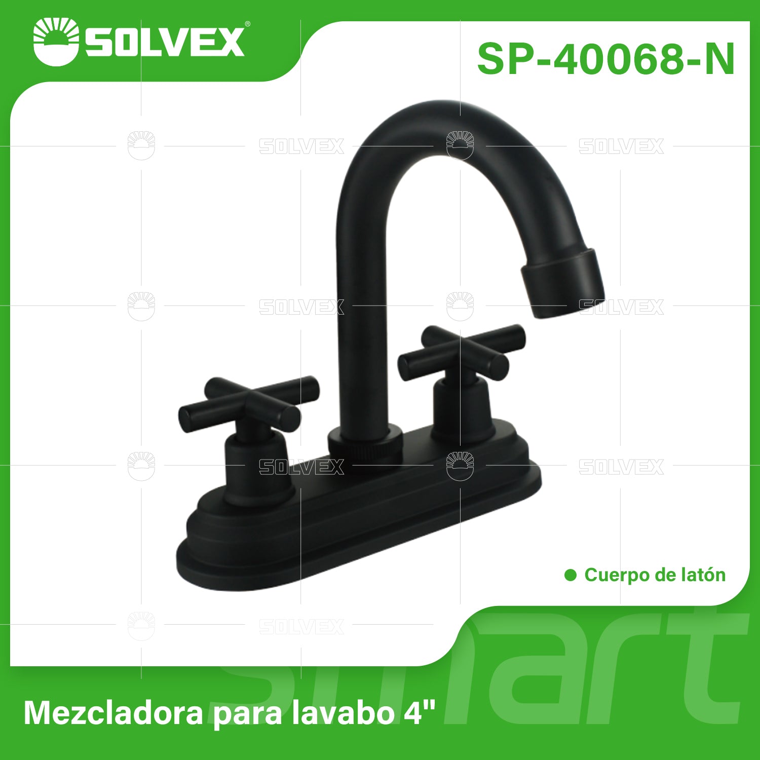 Llave Mezcladora 4" Para Lavamanos Con Cubierta y Manerales Tipo Cruz. Pluma Giratoria en color negro.