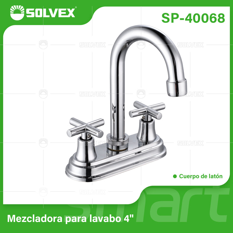 Llave Mezcladora 4" Para Lavamanos Con Cubierta y Manerales Tipo Cruz. Pluma Giratoria Con Modo Frío y Caliente.