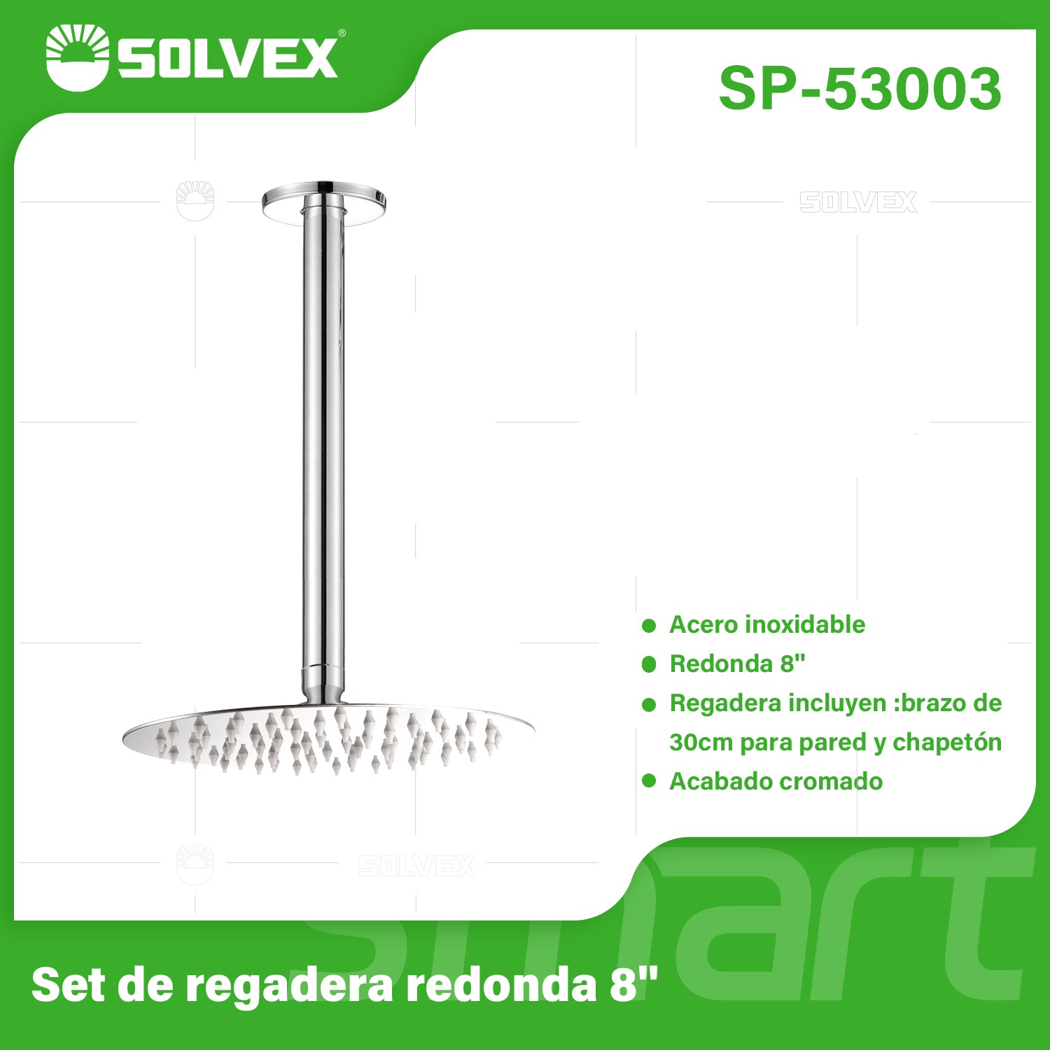 Regadera Redonda para ducha Tipo Lluvia 8". Acero Inoxidable Cromado con Brazo de Techo.