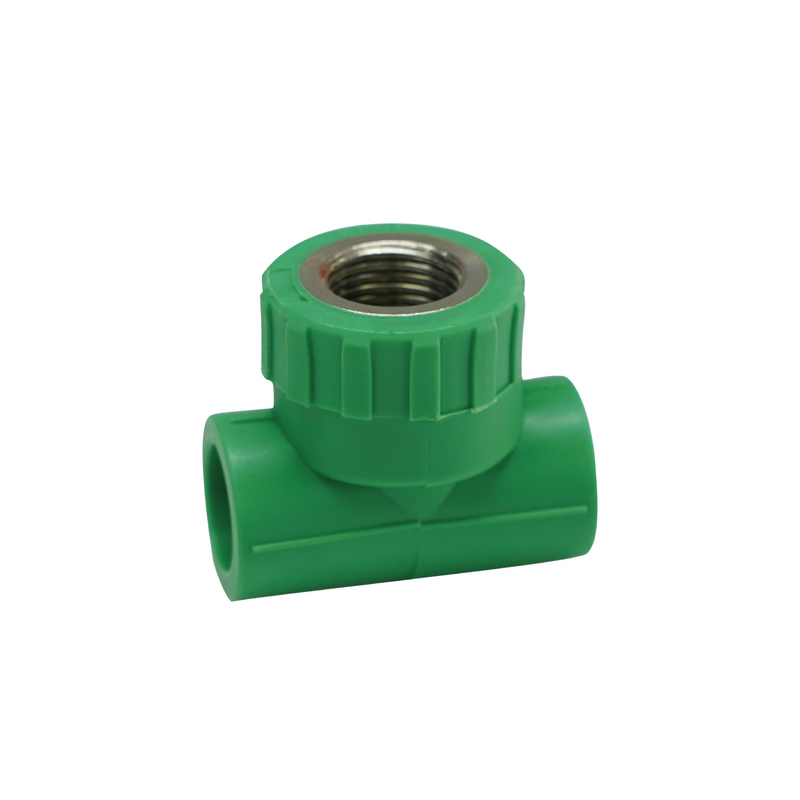 Tee PPR 1/2" con Rosca Central Hembra e Inserto de Acero Inoxidable. Conector Termofusión para Agua.
