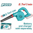 Soplador blower 20V Inalámbrico 2.7 m³/min 18000 rpm No Incluye batería ni cargador.