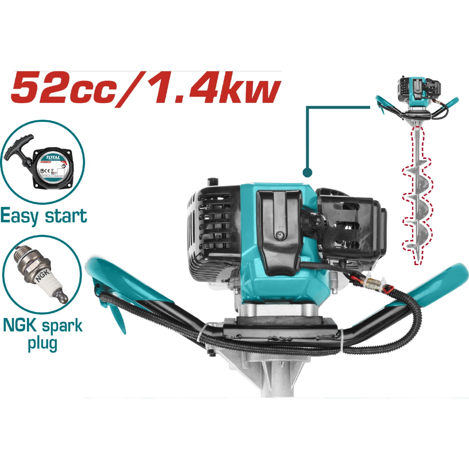 Ahoyadora Pilotera 52cc 1.4Kw 9000/min. Motor de 2 tiempos. Combustible 1200ml Usa bujía NGK