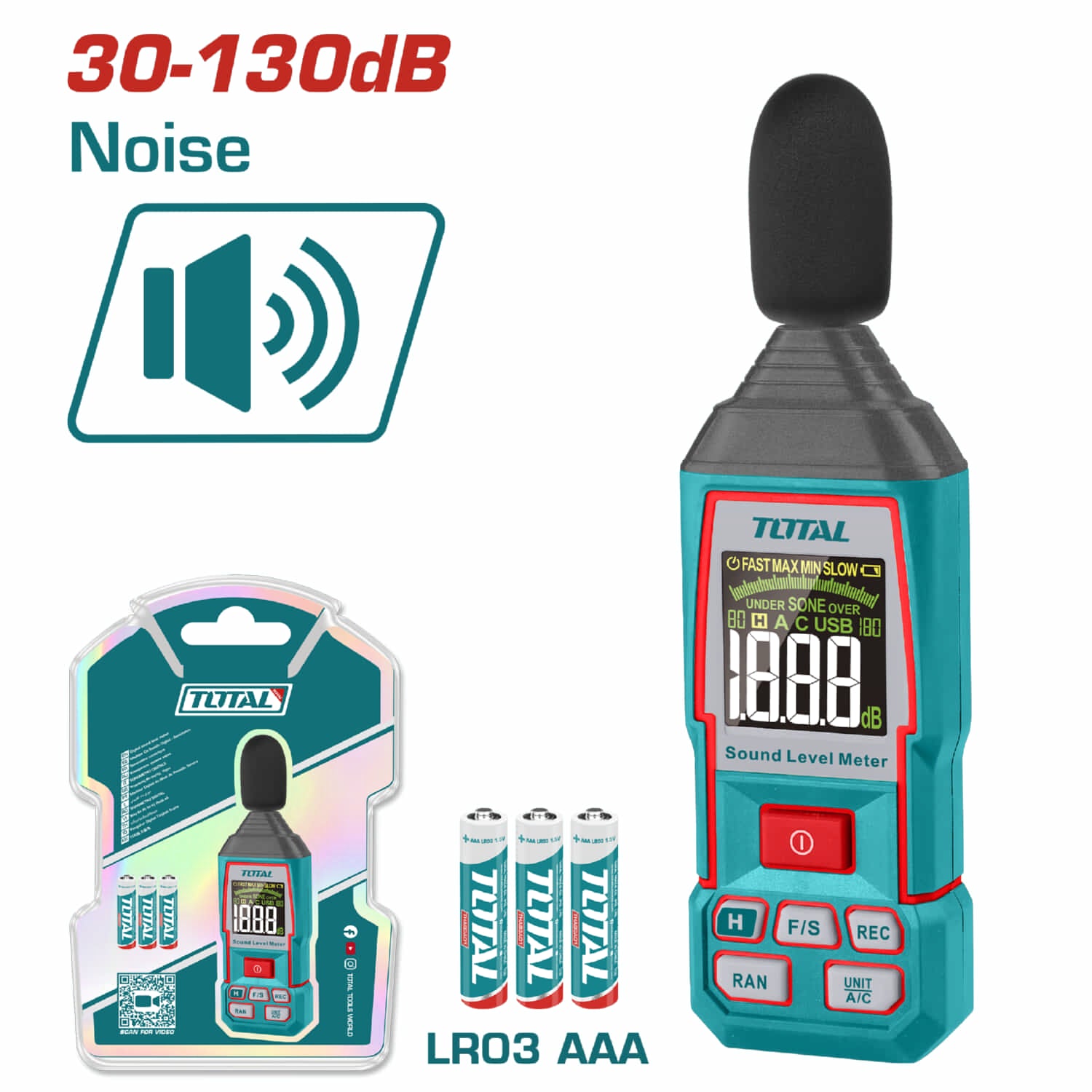 Medidor de ruido en decibeles digital 30-130dB. Rango dinámico: 50dB