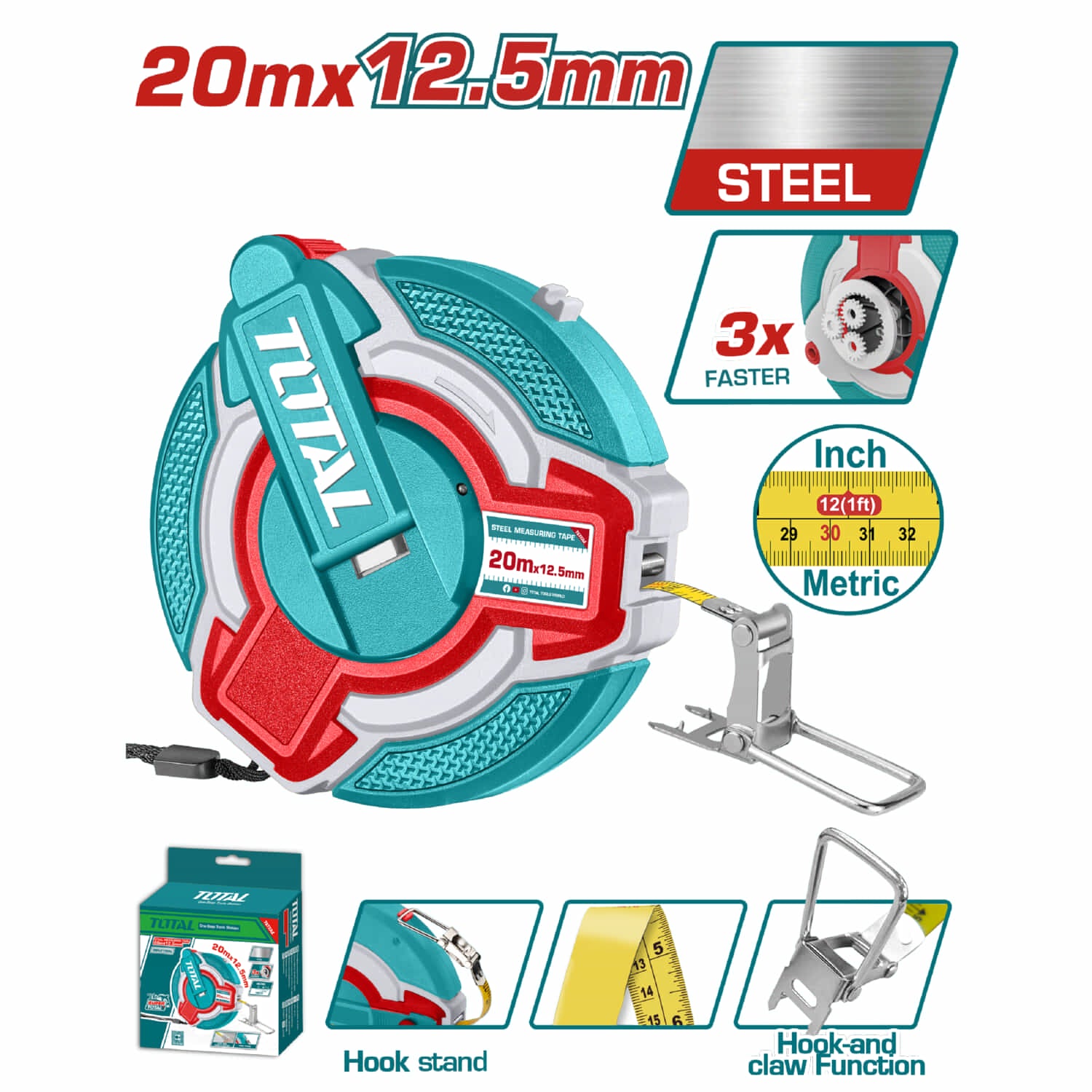 Cinta Métrica (Métrico / Pulgada). Acero. 20m x12.5mm