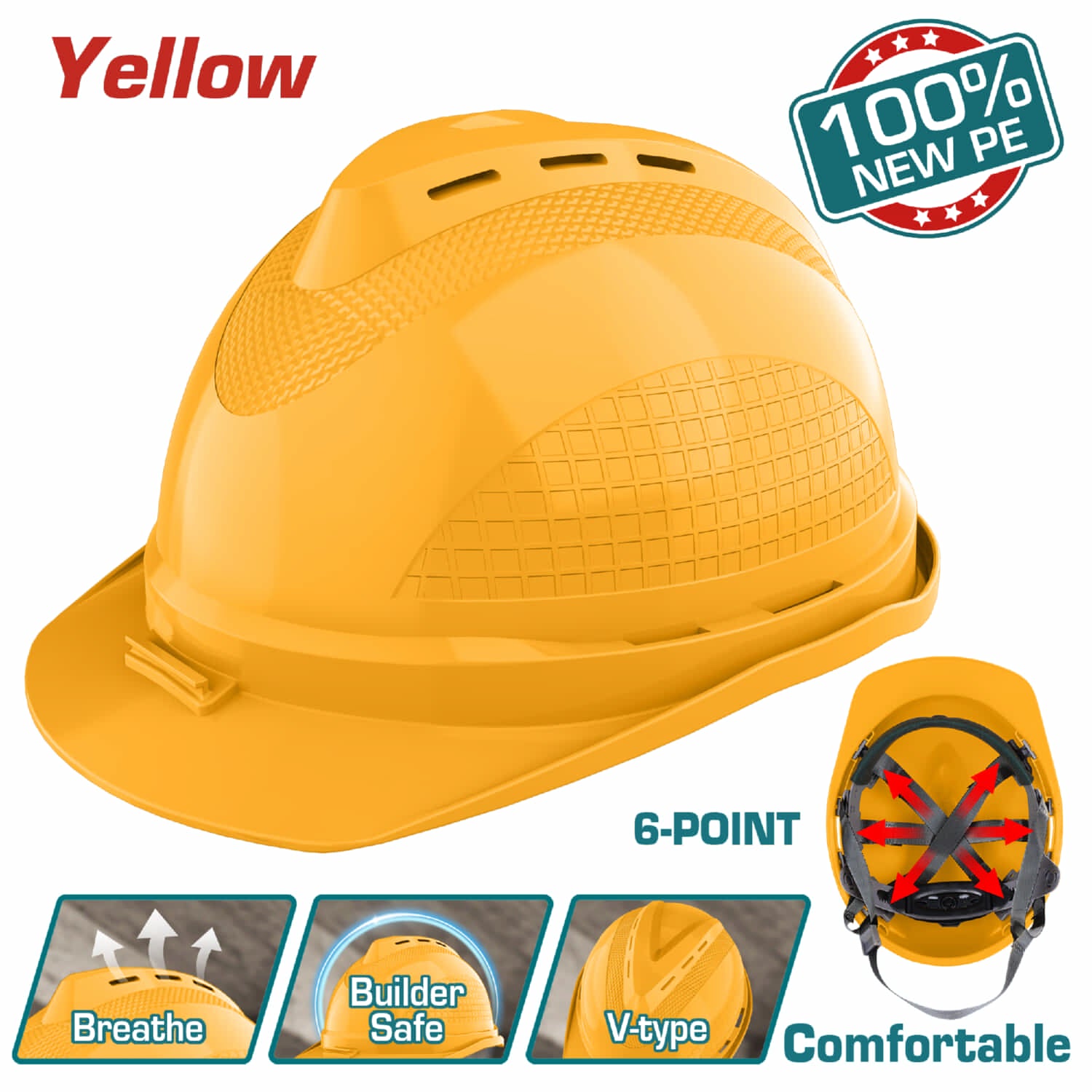Casco De Seguridad Color Amarillo. 6 Puntos De Suspensión. Ajustable Con Perilla. Carcasa De PE Con Respiraderos.