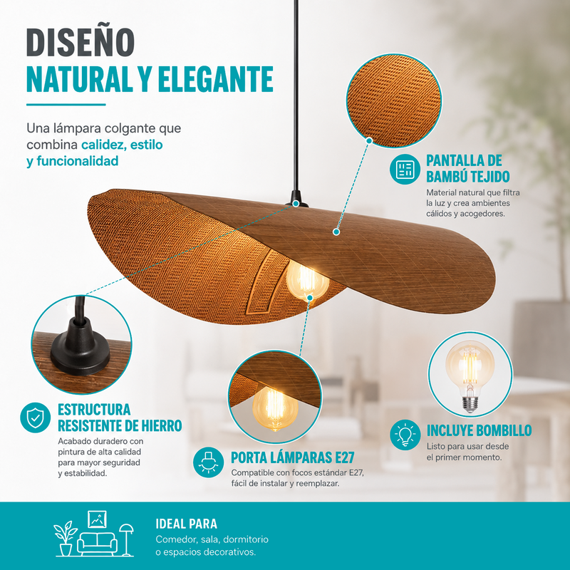 Lámpara Colgante de Bambú E27 80x66x19cm. Pantalla Decorativa Natural Estilo Boho con Bombillo Incluido 40W 110V.