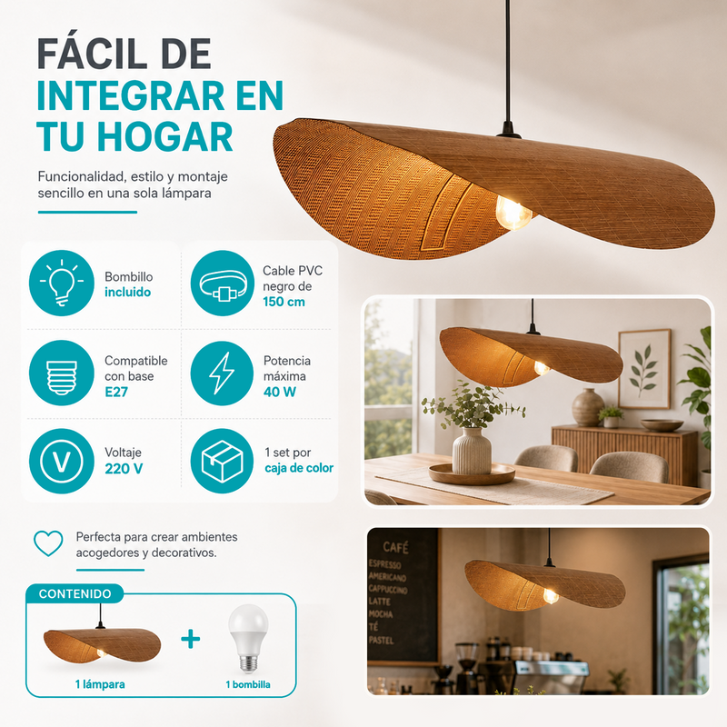 Lámpara Colgante de Bambú E27 80x66x19cm. Pantalla Decorativa Natural Estilo Boho con Bombillo Incluido 40W 110V.