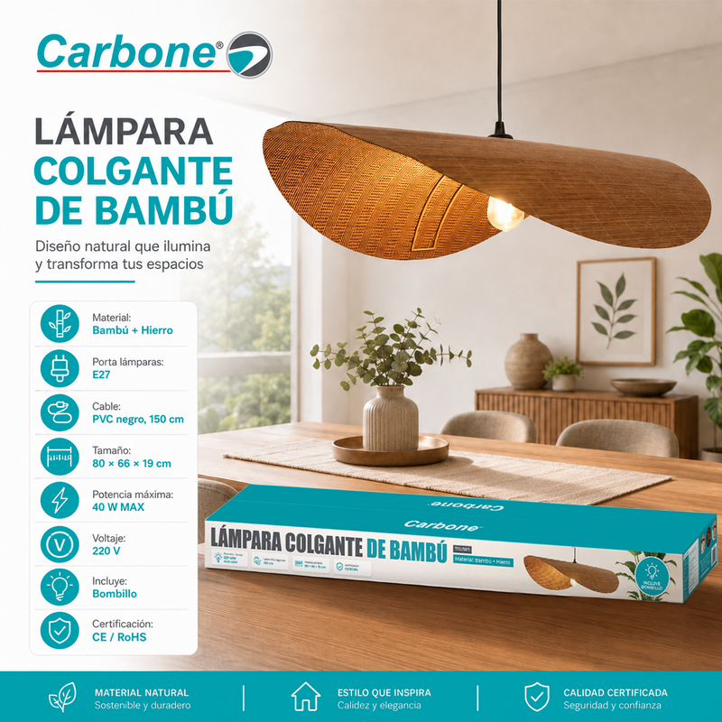 Lámpara Colgante de Bambú E27 80x66x19cm. Pantalla Decorativa Natural Estilo Boho con Bombillo Incluido 40W 110V.