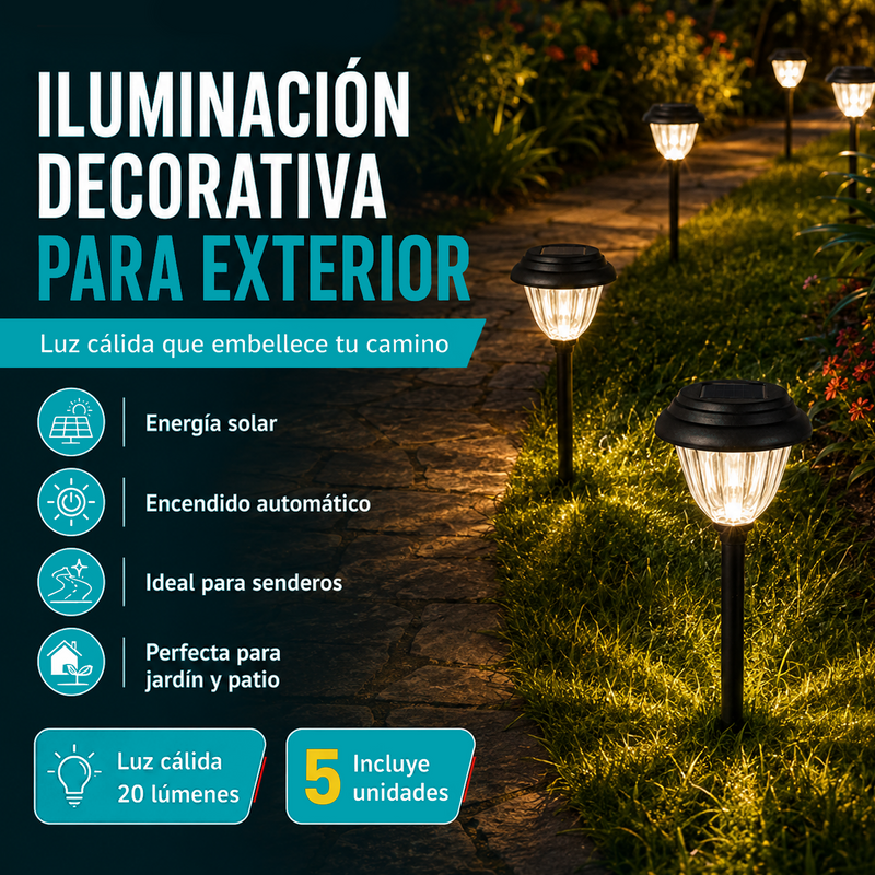 Lámparas Solares LED Para Exterior de Acero Inoxidable 52cm. Luz Cálida con Lente de Vidrio y Panel Solar. Set de 5 Unidades.