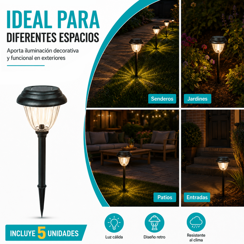 Lámparas Solares LED Para Exterior de Acero Inoxidable 52cm. Luz Cálida con Lente de Vidrio y Panel Solar. Set de 5 Unidades.