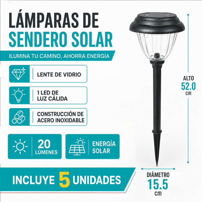 Lámparas Solares LED Para Exterior de Acero Inoxidable 52cm. Luz Cálida con Lente de Vidrio y Panel Solar. Set de 5 Unidades.