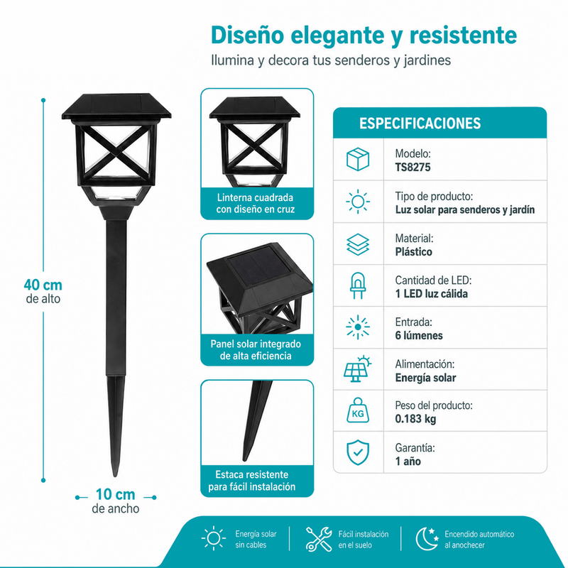 Lámparas Solares LED Para Jardín 40cm. Luz Cálida Decorativa con panel solar para Senderos y Exteriores. Set de 6 Unidades.