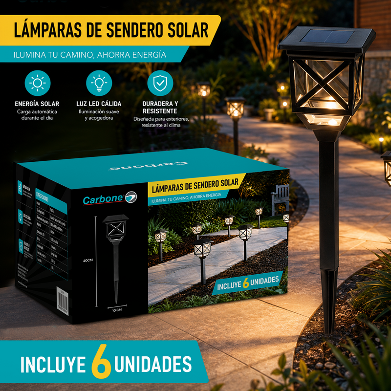 Lámparas Solares LED Para Jardín 40cm. Luz Cálida Decorativa con panel solar para Senderos y Exteriores. Set de 6 Unidades.