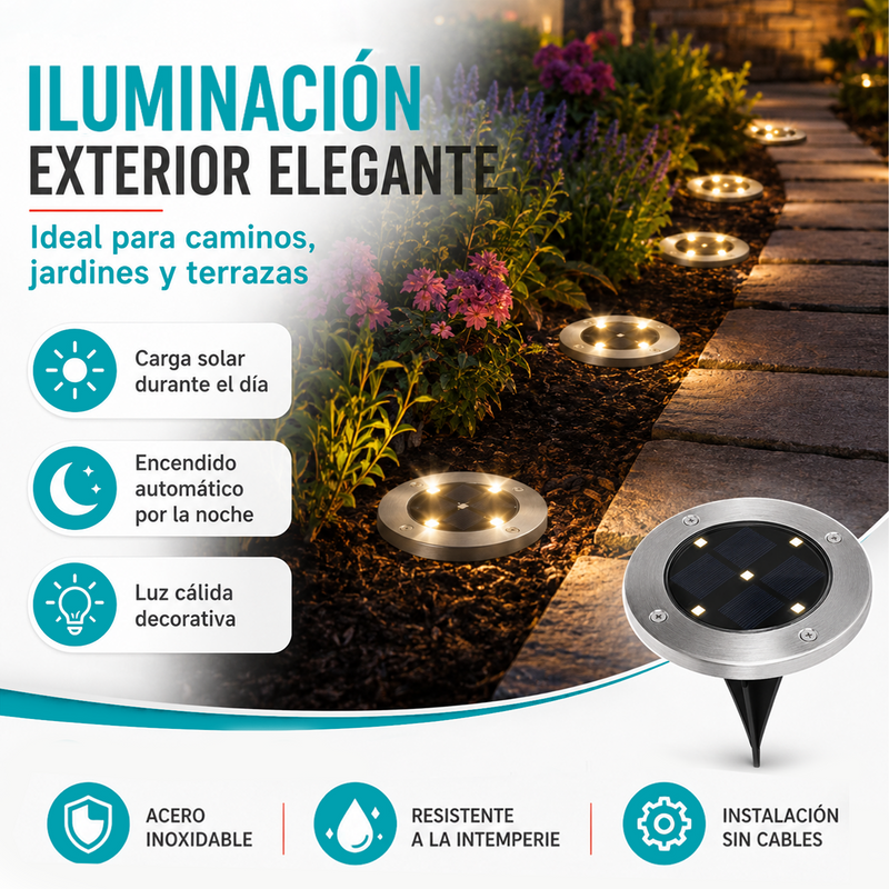 Lámpara Solar LED De Piso Para Exterior. Luz Cálida de 12 Lúmenes Con Panel Solar para jardín o patio. Set De 4 Unidades.
