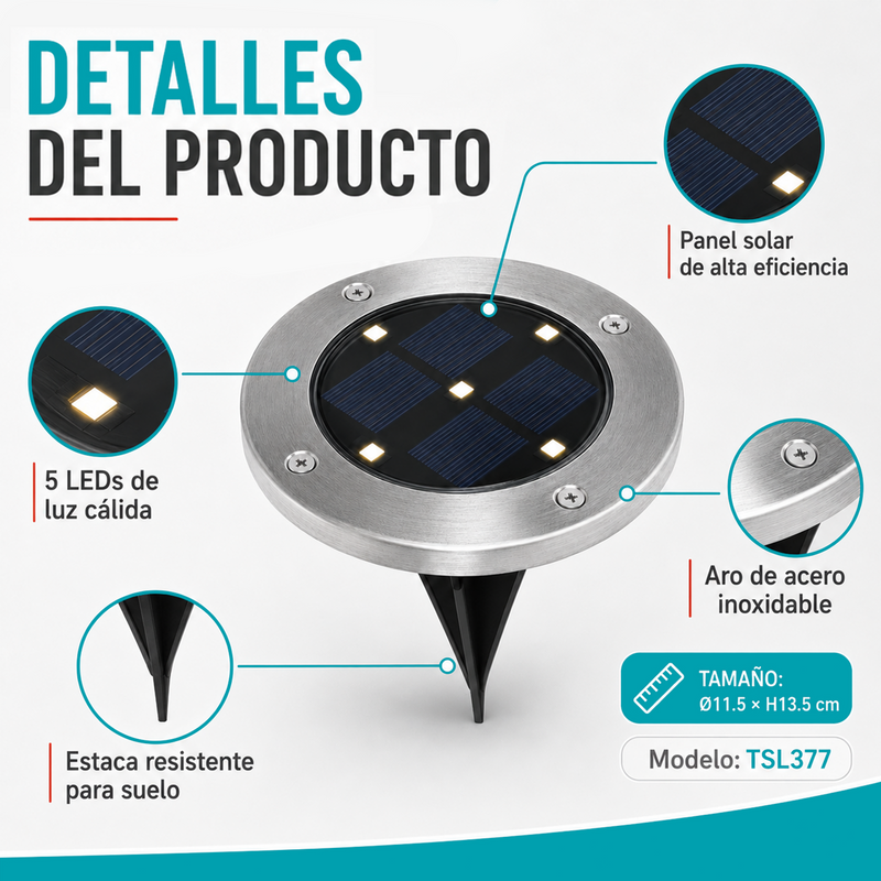 Lámpara Solar LED De Piso Para Exterior. Luz Cálida de 12 Lúmenes Con Panel Solar para jardín o patio. Set De 4 Unidades.